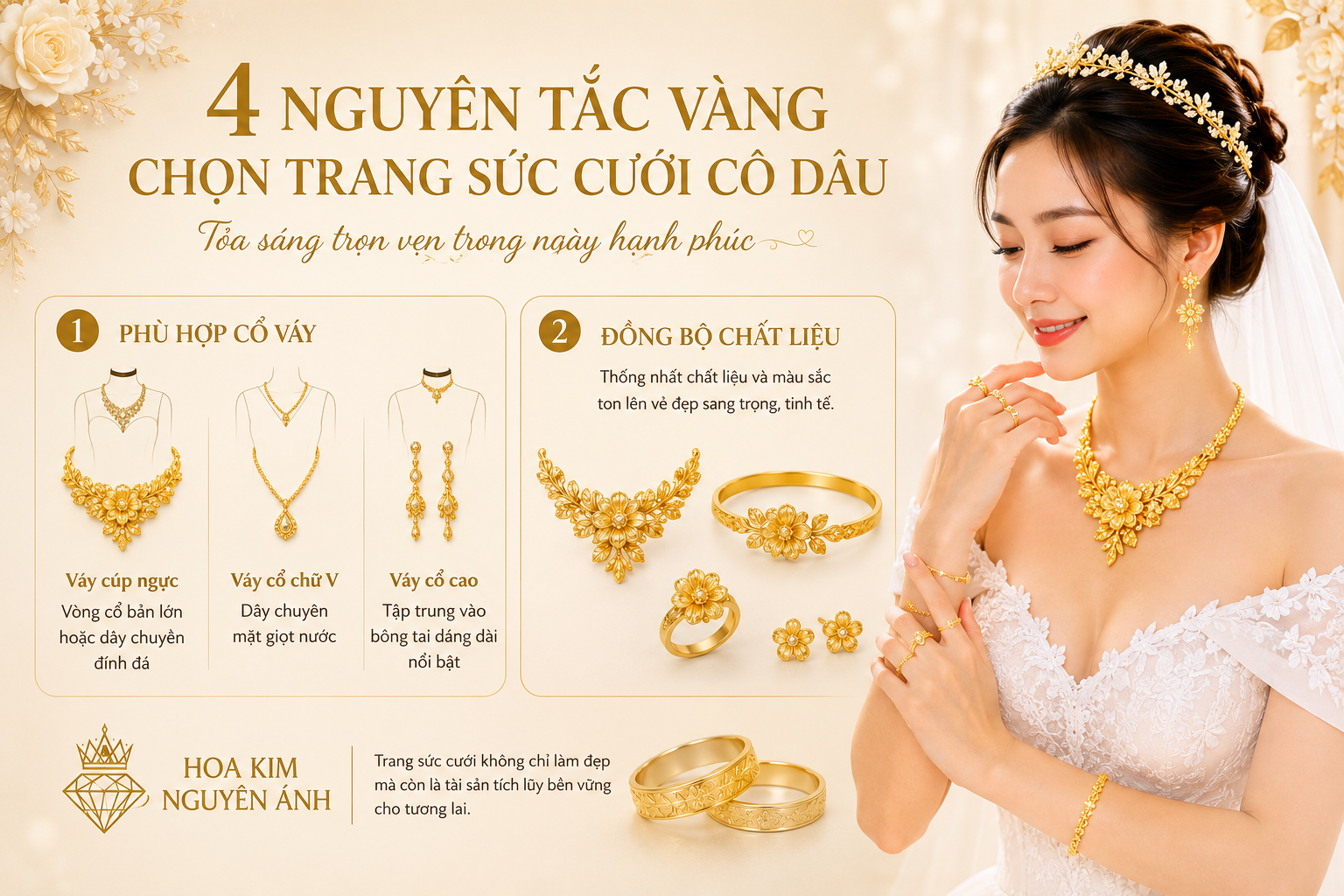 Infographic 4 nguyên tắc vàng chọn trang sức cưới cô dâu với mẫu dây chuyền, nhẫn, bông tai vàng cao cấp và cô dâu đeo trang sức sang trọng.